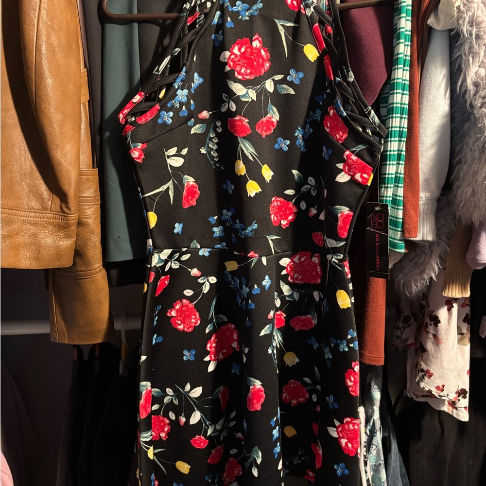 Floral Halter Dress - Black with Red and Blue Accents large no boundaries